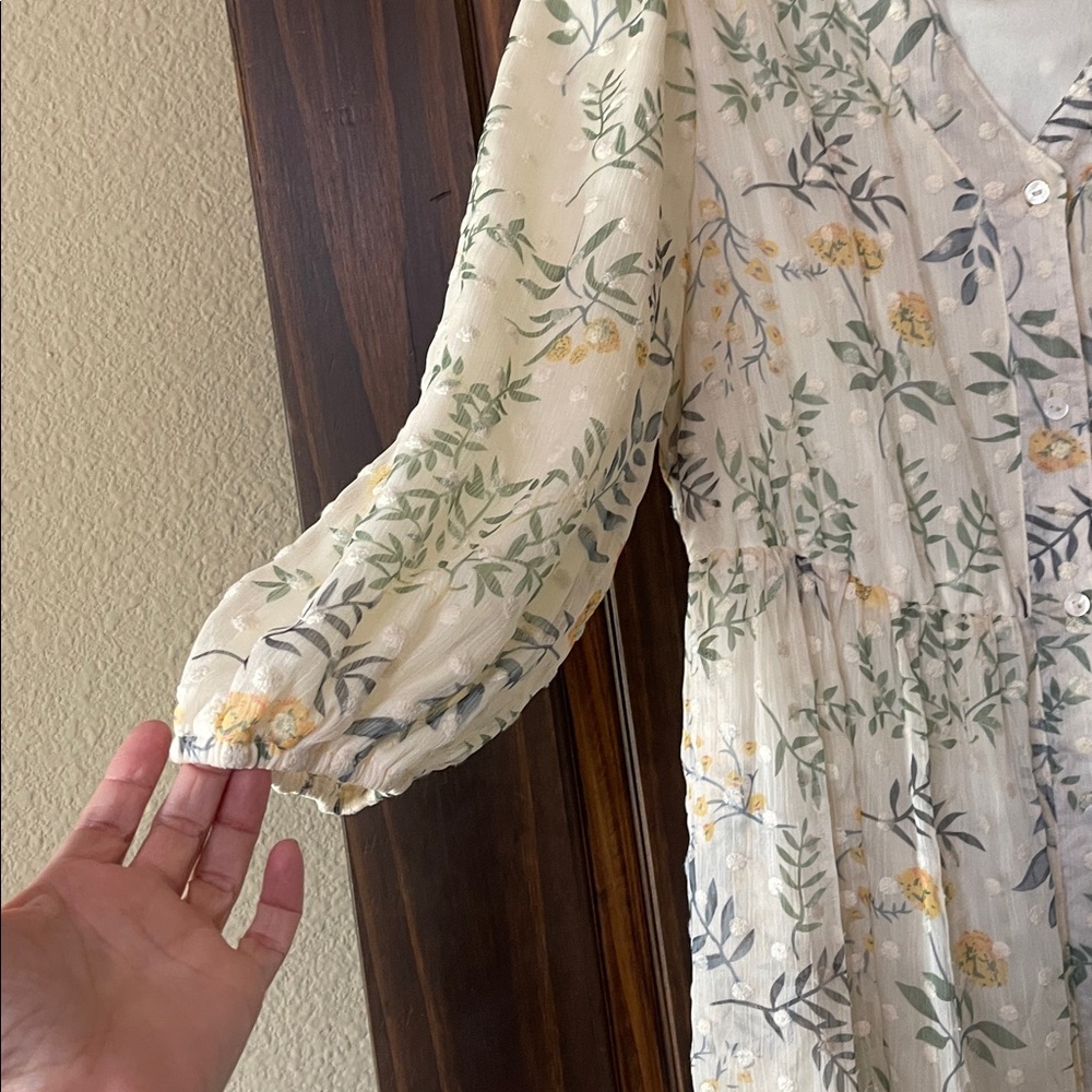 Roolee Embroidered Fully Lined Floral V-Neck Cream Maxi Dress with Puff Sleeves - Picture 3 of 5